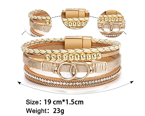 Fesciory Leather Wrap Bracelet for Women, Boho Western Layered Cuff Jewelry | Stackable Bracelets, Easy-On Clasp, Daily Wear, Pairs with Boho Western Outfits, Gift for Women - color: Khaki1