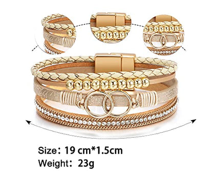 Fesciory Leather Wrap Bracelet for Women, Boho Western Layered Cuff Jewelry | Stackable Bracelets, Easy-On Clasp, Daily Wear, Pairs with Boho Western Outfits, Gift for Women - color: Khaki1