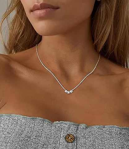 S925 Silver Women's Bar Necklace/Double Circle Layered Y Necklace Chain Adjustable Long/Tiny Pendant Chain Choker for Lady Gift - style: 3 Square