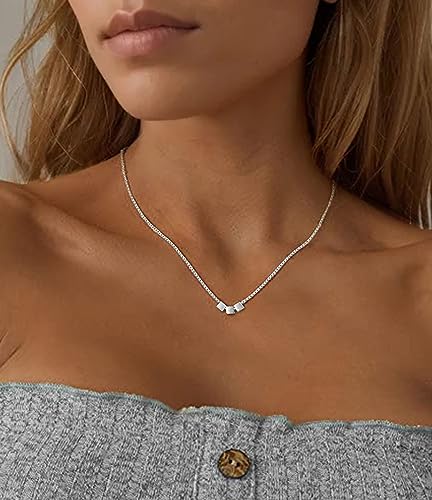 S925 Silver Women's Bar Necklace/Double Circle Layered Y Necklace Chain Adjustable Long/Tiny Pendant Chain Choker for Lady Gift - style: 3 Square