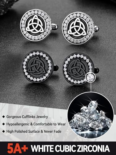 FaithHeart Mens Cufflinks, Norse Viking Tuxedo Shirt Cuff Links, Stainless Steel Cuff Links and Shirt Studs, Gift Box - style: 02. Trinity Celtic CZ-Silver