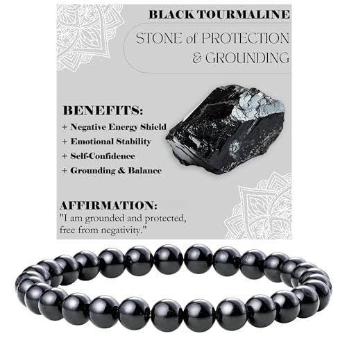 Bivei 6mm Beaded Bracelets for Women Handmade Semi Precious Natural Stone Stretch Elastic Jewelry Yoga Protection Gifts - color: Black Tourmaline - Protection & Grounding, size: Medium 6.8-7.3 inch