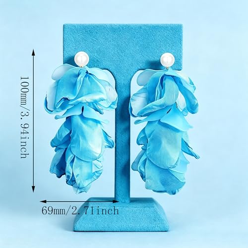 Handmade Bohemian Lightweight Fabric Flower Dangle Drop Earrings Chic Pearl Large Tassel Petal Stud Earrings For Women - color: Sky Blue