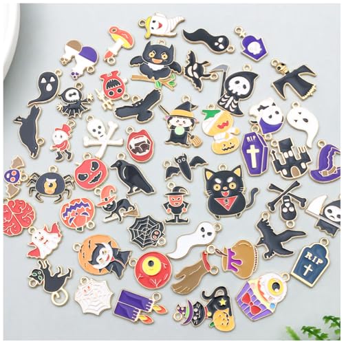 50pcs Enamel Charms for Jewelry Making Wholesale Assorted Mixed Bulk Metal Earring Findings for DIY Necklace Bracelet Keychain and Crafting - style: Halloween Charms