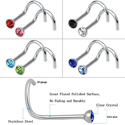 Rbenxia 20G 316L Nose Studs Rings 2.2MM Rhinestone Stainless Steel Nose Body Piercing Rings 20 Pcs Random Color for Unisex