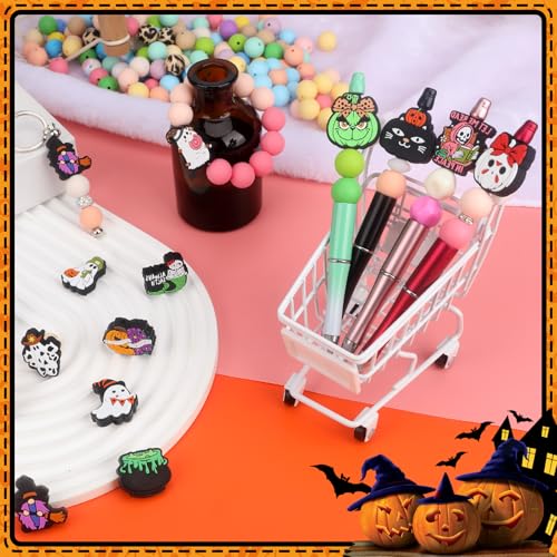 12pcs Halloween Silicone Focal Beads for Pens | Focal Beads for Keychain Making,Pens,Bracelet,Necklace Crafts,Bulk Silicone Beads for DIY（Halloween） - color: Halloween