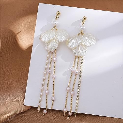 Seashell Pearl Stud Earrings for Women Ocean Sea Theme Sweet Double Layer Acrylic Shell Lightweight Dangle Drop Earrings for Summer Beach Holiday Halloween Party Jewelry Accessories - color: Long pearl shell earrings