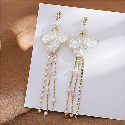 Seashell Pearl Stud Earrings for Women Ocean Sea Theme Sweet Double Layer Acrylic Shell Lightweight Dangle Drop Earrings for Summer Beach Holiday Halloween Party Jewelry Accessories - color: Long pearl shell earrings