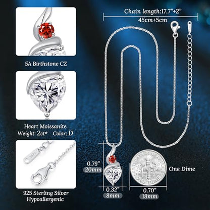 ANDSO Heart Moissanite Necklaces Birthday Jewelry Gifts for Women | S925 Silver /Gold Plating Birthstone Necklace, Ideal Anniversary Christmas Valentine Present for Mom Wife Her Girlfriend - style: Silver-2 Carat- Ruby Garnet Red