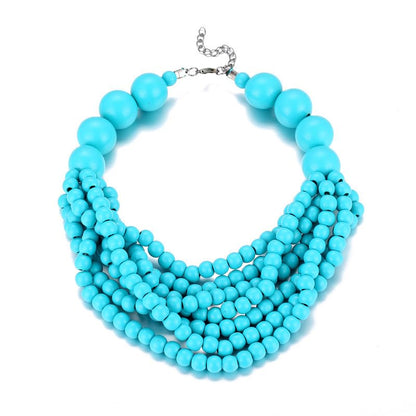 COLORFUL BLING Boho African Wooden Beaded Strands Necklace Ethnic Layered Chunky Collar Choker Wood Necklace for Women Hip Hop Statement Jewelry - color: light blue