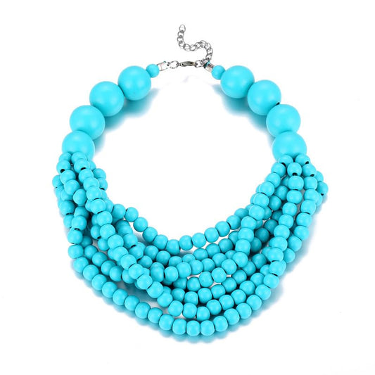 COLORFUL BLING Boho African Wooden Beaded Strands Necklace Ethnic Layered Chunky Collar Choker Wood Necklace for Women Hip Hop Statement Jewelry - color: light blue