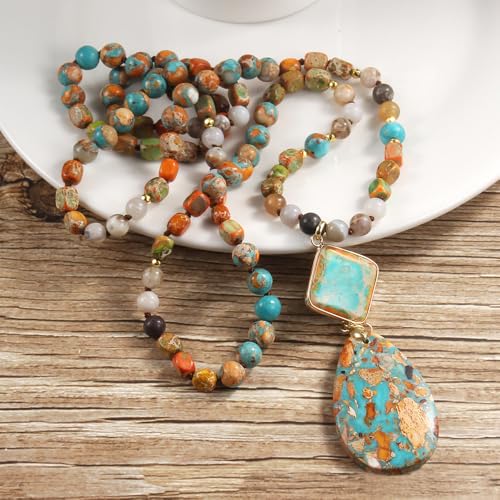 Yomisa Long Necklaces for Women Trendy, 33/34/35 inch | Boho Beaded Necklaces for Women, Natural Stone Pendant, Handmade Knotted Bead, Bohemian Holiday Summer Western Charm Jewelry - color: 35inch-Orange&Blue