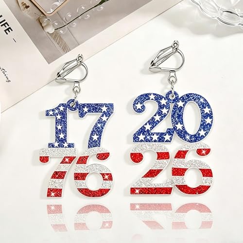 4th of July Independence Day Clip on Earring for Women American Flag Dangle Earrings Patriotic Red White Blue USA Earring, Pave Crystal Stud - color: blue 50