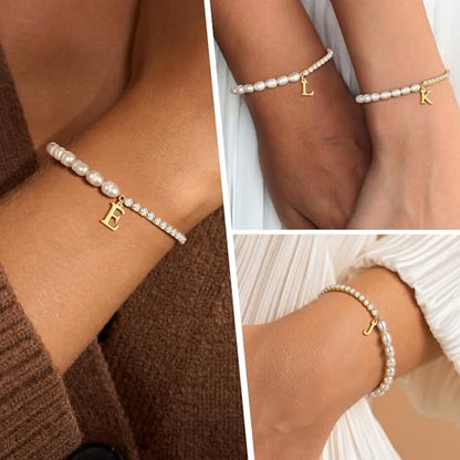 Ritach Gold Bracelets for Women Girls - 14K Gold Plated Freshwater Pearl Bracelet Dainty Gold Initial CZ Tennis Bracelets for Women Girls Pearl Jewelry Birthday Wedding Bridesmaid Gifts - style: S