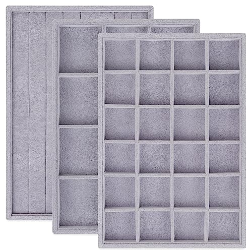 Rocutus Jewelry Trays,3 Pack Stackable Velvet Jewelry Organizer Tray Drawer Jewelry Storage Tray,Divided Ring Organizer Tray for Earrings, Necklaces, Bracelets,13.8"x9.5"x1.2" (Grey) - color: Grey