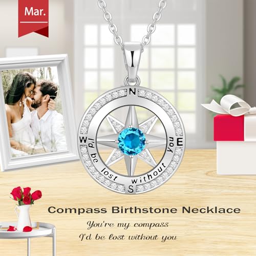 Peeshow Compass Birthstone Necklace for Women Wife, S925 Sterling Silver Gift for Wife Wedding Anniversary Birthday Gifts for Women Jewelry for Her Girlfriend I'd be Lost without You - style: 03-Mar-Aquamarine