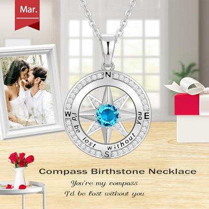 Peeshow Compass Birthstone Necklace for Women Wife, S925 Sterling Silver Gift for Wife Wedding Anniversary Birthday Gifts for Women Jewelry for Her Girlfriend I'd be Lost without You - style: 03-Mar-Aquamarine