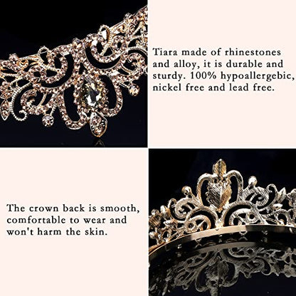 COCIDE Gold Tiara Crowns Crystal Headband Princess Rhinestone Crown with Combs Bride Headbands Bridal Wedding Prom Birthday Party Hair Accessories Jewelry for Women and Girls (M CHAMPAGNE) - color: TK Gold+Champagne
