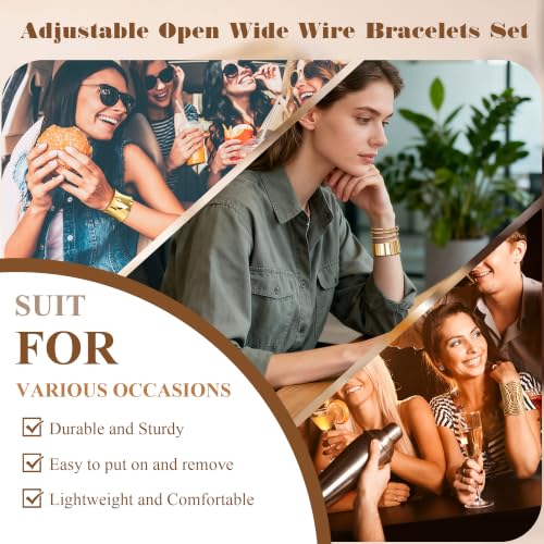 4PCS Chunky Cuff Bracelets Set for Women Hammered Chunky Bracelets Adjustable Open Wide Wire Bracelets Irregular Minimalist Coil Bangle Set Gold Silver Upper Arm Punk Jewelry - color: Gold B