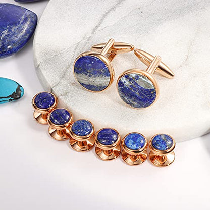 HAWSON Cufflinks and Tuxedo Studs Set for Men with Gift Box, Mother-of-Pearl Cuff links for French Cuff Shirt and Dress Shirt, Suitable for Wedding, Birthday, Party - style: Lapis Stone
