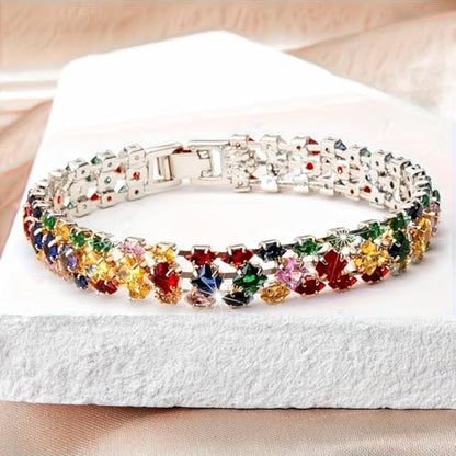 1PCS Bohemian Tennis Bracelet for Women, Golden Plated Copper Colorful Synthetic Zirconia, Elegant Jewelry for Anniversary - color: Sliver