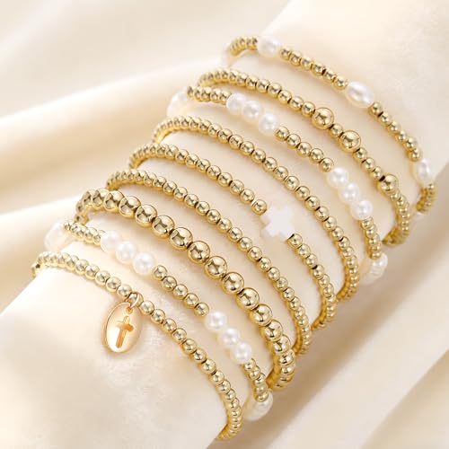Gold Cross Beaded Bracelets for Women Set, Dainty Gold Plated & Pearl Stackable and Layered Bracelets with Polymer Clay Cross, Stretch Layered Bracelet Stack for Women Girls Trendy Boho Jewelry Gifts