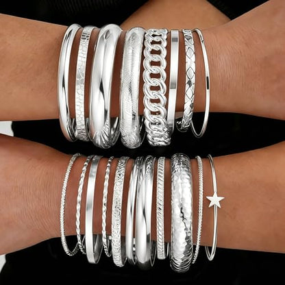ÌF ME Gold Bangle Bracelets for Women, 19Pcs Multi Stackable Textured Bangles Set, 14K Gold Plated Chunky Bracelet Boho Jewelry Gifts - color: Silver