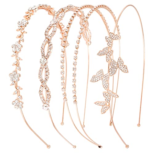 Wecoe 4 Pack Silver & Rose Gold Metal Headbands - Flower Girl Bridal Wedding Headpieces - Crystal Butterfly Designs - Perfect for Formal Occasions, Gifts & Parties - color: Rose gold band & silver rhinestones