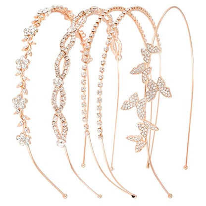 Wecoe 4 Pack Silver & Rose Gold Metal Headbands - Flower Girl Bridal Wedding Headpieces - Crystal Butterfly Designs - Perfect for Formal Occasions, Gifts & Parties - color: Rose gold band & silver rhinestones
