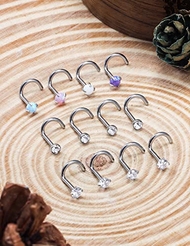 Cisyozi 18G 20G 22G Nose Rings Studs Surgical Steel Nose Stud Set 1.5mm 2mm 2.5mm 3mm Diamond Cubic Zirconia Opal Screw L Shaped Straight Nose Piercing Jewelry for Women Men - color: A:22G-Screw -2mm