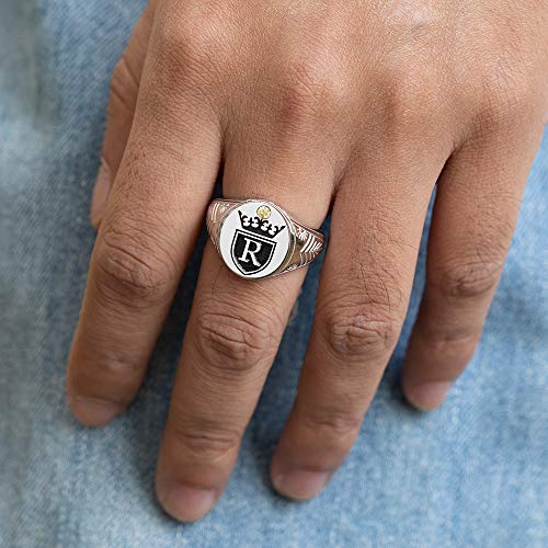Getname Necklace Initial Signet Ring Sterling Silver King Crown Monogram Ring - Custom Engraved Alphabet Rings for Man - Personalized Mens Signet Ring Silver Gold