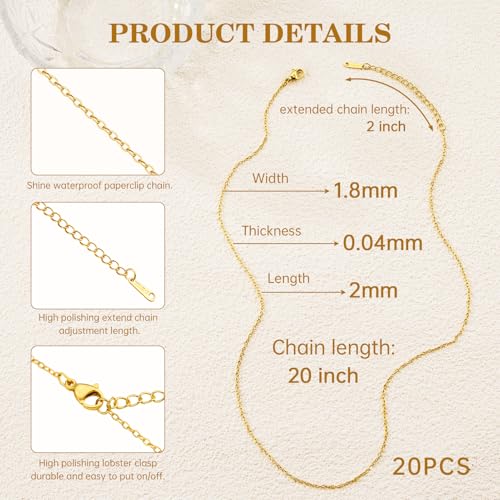 GTVOODX 20Pcs Gold Filled Cable Chain Bulk for Jewelry Making Adjustable Stainless Steel Dainty Necklace Chain Pack with Extender 20 Inch - color: 18K Gold, size: 20 Inch