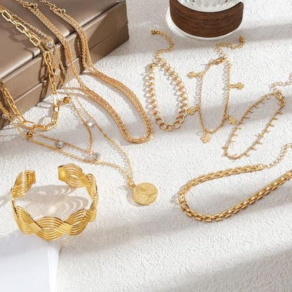 17IF 38-59 Pcs(9-8 Pack) Gold Plated Jewelry Set for Women With 8 Necklace 12 Bracelet 27 Ring 12 Pair Earring Hoop Simple Sparkle for Happy - style: Golden-38Pcs