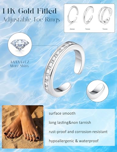 Giovanchi 16Pcs Toe Rings for Women - 14K Gold Filled Non Tarnish | Waterproof Adjustable, Gold Silver Toe Ring, Flower Cz Open Toe Rings Set Foot Jewelry Gifts - color: Silver