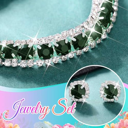 CLOACE Rhinestone Bridal Wedding Jewelry Set Sparkly Chocker Necklaces Earrings Prom Jewelry Accessories for Women - color: Green