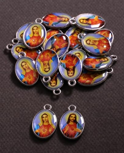 Saint Therese of Lisieux/Saint Mother Teresa of Calcutta/Divine Mercy Jesus/Mater Dolorosa Patron Saint Medal Charm Pendant for DIY Rosary Necklace Bracelet Jewelry Making Part - color: 30pcs-Enamel Heart of Jesus&Mary