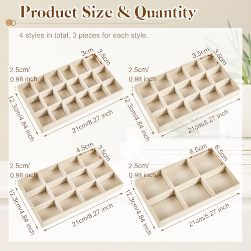 12 Pcs Jewelry Tray Velvet Stackable Jewelry Organizer Trays Divided Earring Accessories Storage Containers Box (Rose Red) - color: Beige
