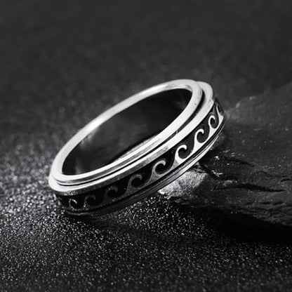 Wave Spinner Ring For Women, Summer Ocean Nautical Pattern Anti-Anxiety Fidget Two Tone Stainless Steel Jewelry Gift - color: Wave Spinner 8