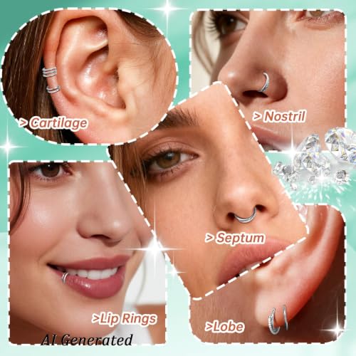 davka Nose Ring Set, 18G Hinged Hoop 8mm & 20G Nose Studs, Stainless Steel & Gold Plated, Hypoallergenic, Multiple Styles Nose Piercing Jewelry - color: Silver/3Pcs Hoops/18gauge 8mm/Set D