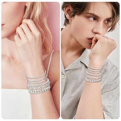 6PCS Stainless Steel Bracelets for Men Women, Silver Gold Black Cuban Link Rope Snake Wheat Chain Paperclip Figaro Jewelry Set, 7/8/9 Inches - color: Silver, size: 7 inches