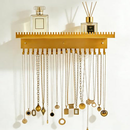 Necklace Holder Wall Hanging Organizer with 56 Hooks and Tray, Wall Mounted Necklace Hanger for Earring, Bracelet, Rings, Hairband, Glasses