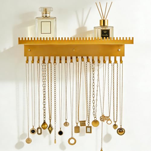 Necklace Holder Hanging Jewelry Organizer, Necklace Display Hanger Wall Shelf with Jewelry Hooks, Wall Mounted Jewelrys Organizer Rack for Women Girl (COLOR:Gold)