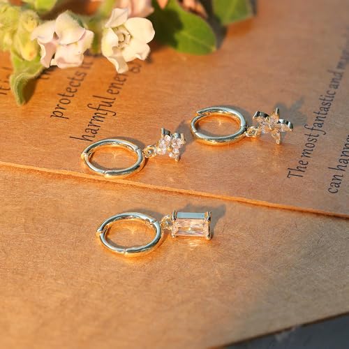 Sterling Silver Earrings Stacks for Women, Hypoallergenic Cartilage Earring | Dainty Stud Huggie Hoop Dangle Chain Earrings, 14K Gold/White Gold Plated - color: 3Pairs-Square CZ Set-Gold