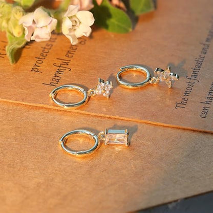 Sterling Silver Earrings Stacks for Women, Hypoallergenic Cartilage Earring | Dainty Stud Huggie Hoop Dangle Chain Earrings, 14K Gold/White Gold Plated - color: 3Pairs-Square CZ Set-Gold
