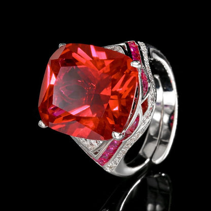 Cushion Gem Cocktail Ring For Women, 2 Colors Blue Red Trapezoid Side Crystal Adjustable Open Statement Evening Ring - color: red