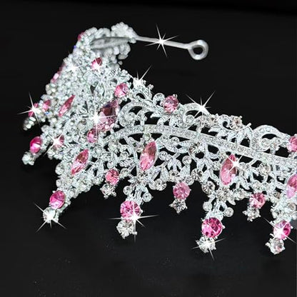 Kamirola Tiaras and Crowns for Women,Tiaras Earrings Necklace, Crystal Bridal Jewelry Set (TR48) - color: Pink Silver