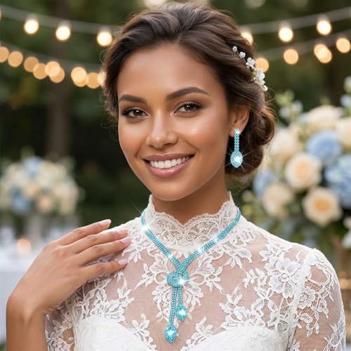Unicra Silver Rhinestone Bridal Wedding Jewelry Set Crystal Necklace Earrings Sets Formal Prom Costume Jewelry Sets for Women and Brides - color: Light Blue