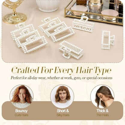 Canlierr 12 Pcs Pearl Hair Claw Clips Bulk for Women White Pearl Claw Barrettes for Thin Curly Thick Long Cute Non-slip Strong Hold Hair Styling Accessories for Bridesmaid Women Wedding (Rectangle)
