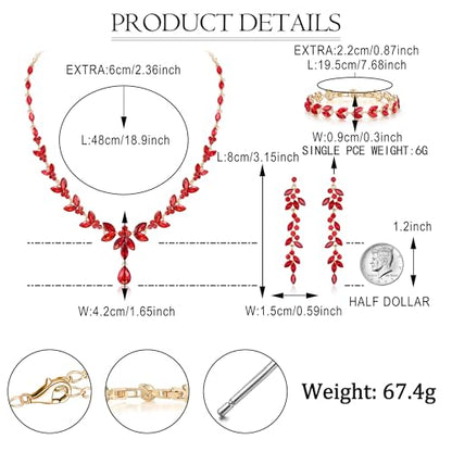 EVER FAITH Marquise Crystal Leaf Bridal Prom Jewelry Set for Women Bride | Rhinestone Wedding Party Necklace Dangle Earrings Tennis Bracelet, for Bridesmaid - color: Red Gold-Plated-Base