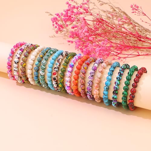 18Pcs Malachite Pattern Beaded Bracelets Set for Women Men, 8mm Round Beads Stretch Bracelets, 7.28 Inch Elastic Stackable Bracelets, Colorful Handmade Wristbands for Party Favors, Gifts, Daily Wear